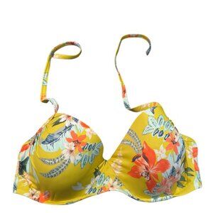 Shade & Shore Swim Bikini Top 38D | Yellow Tropical Floral Padded Halter Underwi